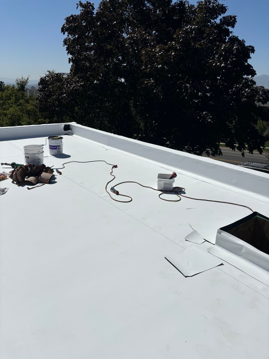 Flat roof under renovation with tools, buckets, and a view of trees in the background.